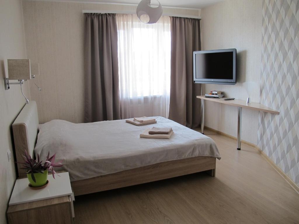 サラトフにあるАпартаменты "Атлант"のベッドとテレビが備わるホテルルームです。