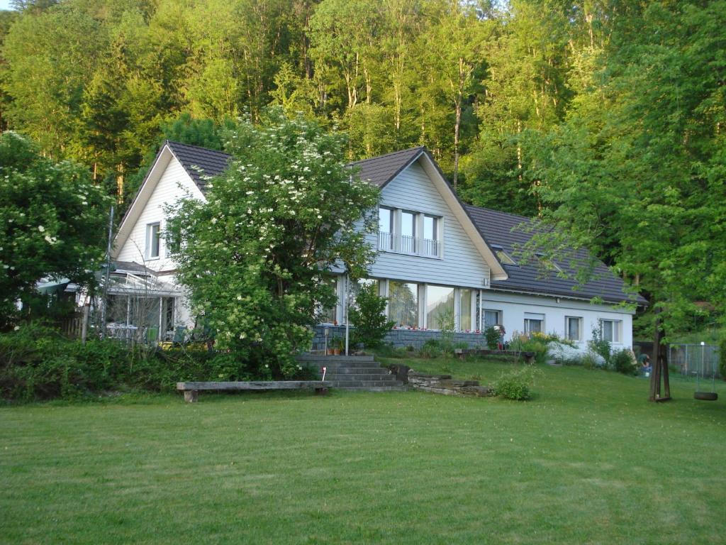 ein weißes Haus mit einem Baum im Hof in der Unterkunft Bed & Breakfast Casa Almeida in Turbenthal