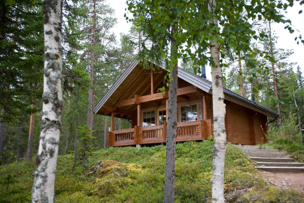 una cabaña de madera en el bosque con árboles en Ukonloma Cottages, en Rovaniemi
