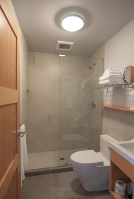 a bathroom with a shower and a toilet and a sink at Harbour House Hotel in Ganges