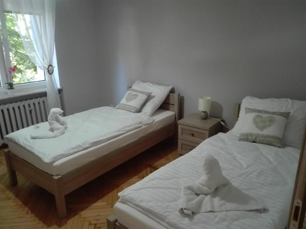 two beds in a room with towels on them at Hostel Grono in Zielona Góra