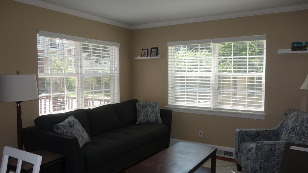 a living room with a couch and two windows at The Better Half Duplex in Charlotte