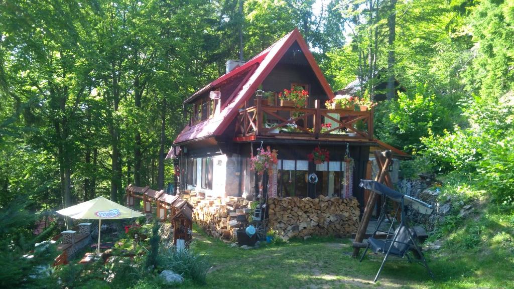 une petite maison au milieu d'une forêt dans l'établissement Chata u sovicky Malino Brdo, à Ružomberok