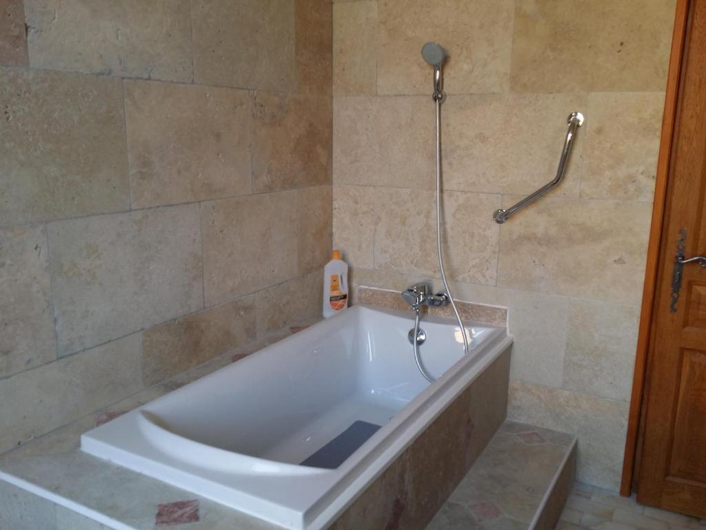 a bath tub with a shower in a bathroom at Meublé Tourisme in Marseille