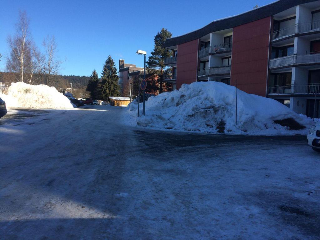 ein Schneehaufen vor einem Gebäude in der Unterkunft Ferienwohnung Köhler in Altreichenau