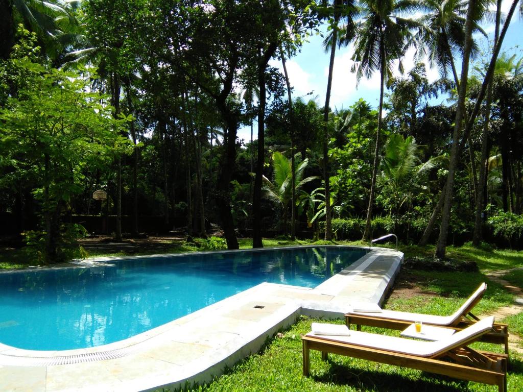 a swimming pool with two lounge chairs next to it at Botanique Goa in Assagao