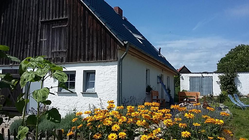 uma casa com um ramo de flores à frente dela em Zum Storchennest em Kemnitz