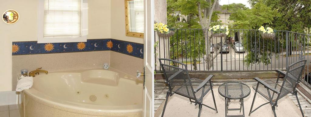 a bathroom with a tub and a patio with a chair at Casa de Suenos B & B in Saint Augustine