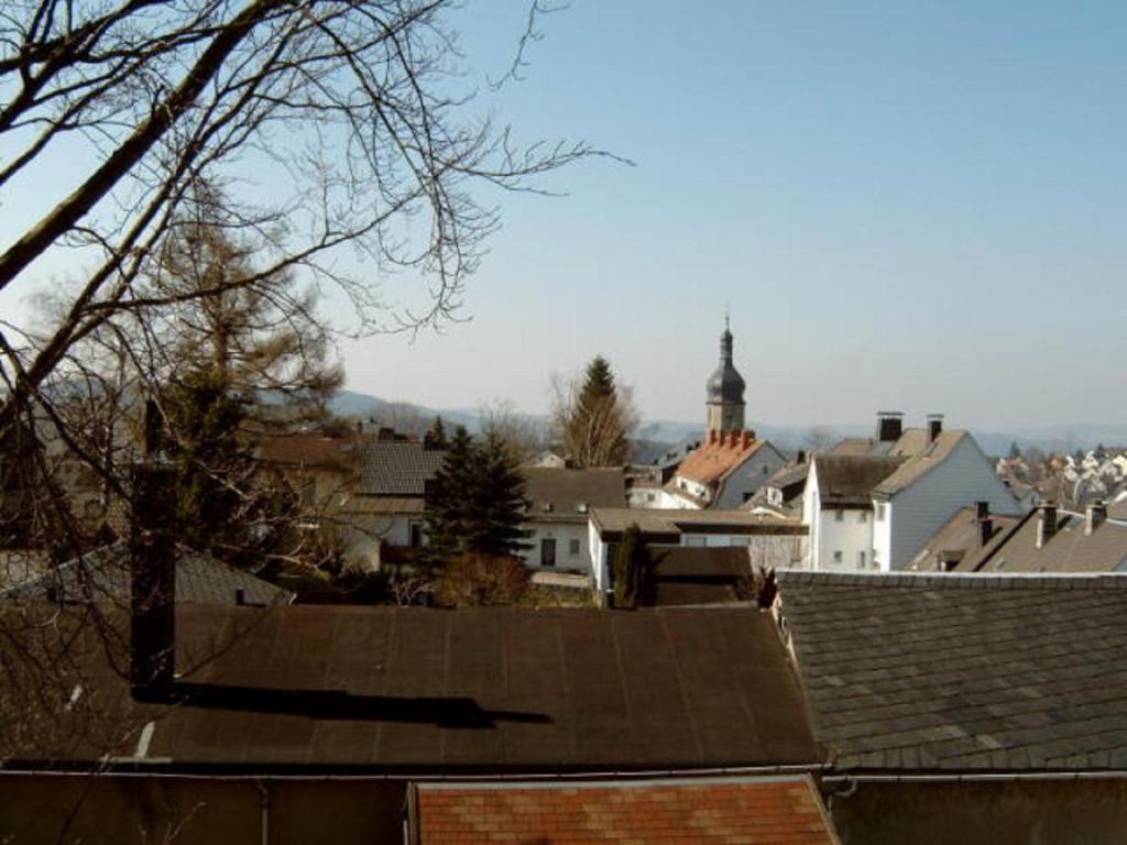 a view of a city with houses and a church at Ferienwohnung Jugl in Schwarzenbach am Wald