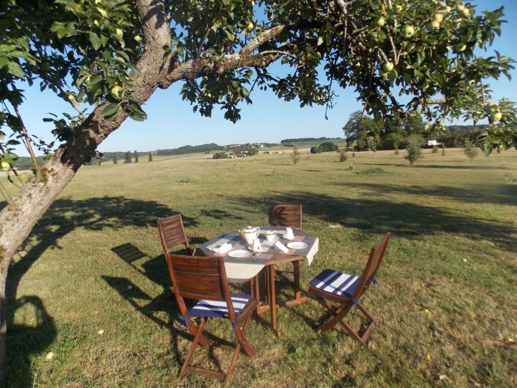 a table and chairs under a tree in a field at Le Petit Breuil in Verteillac