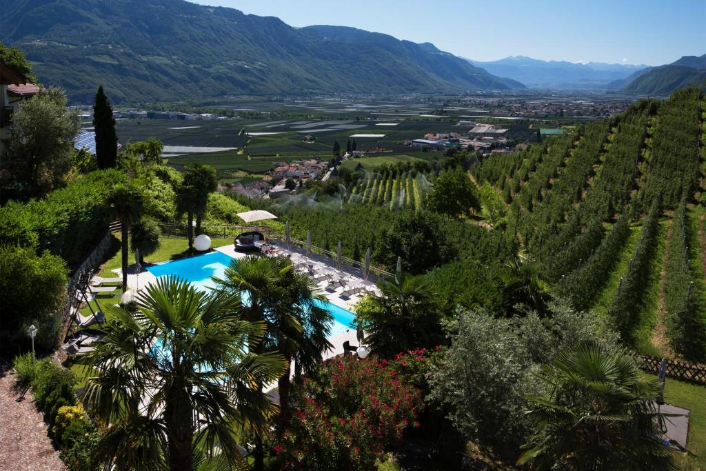 Vista ariale su un vigneto e una piscina in una villa di Apparthotel Calma a Cermes