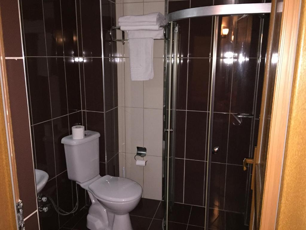 a bathroom with a toilet and a glass shower at Karayel Hotel in Trabzon