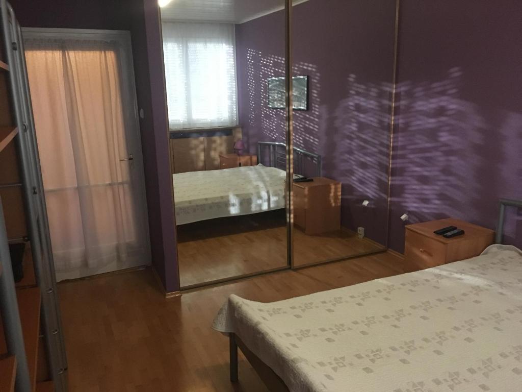 1 dormitorio con espejo y 1 cama. en Málnás Macska Apartman, en Szekszárd