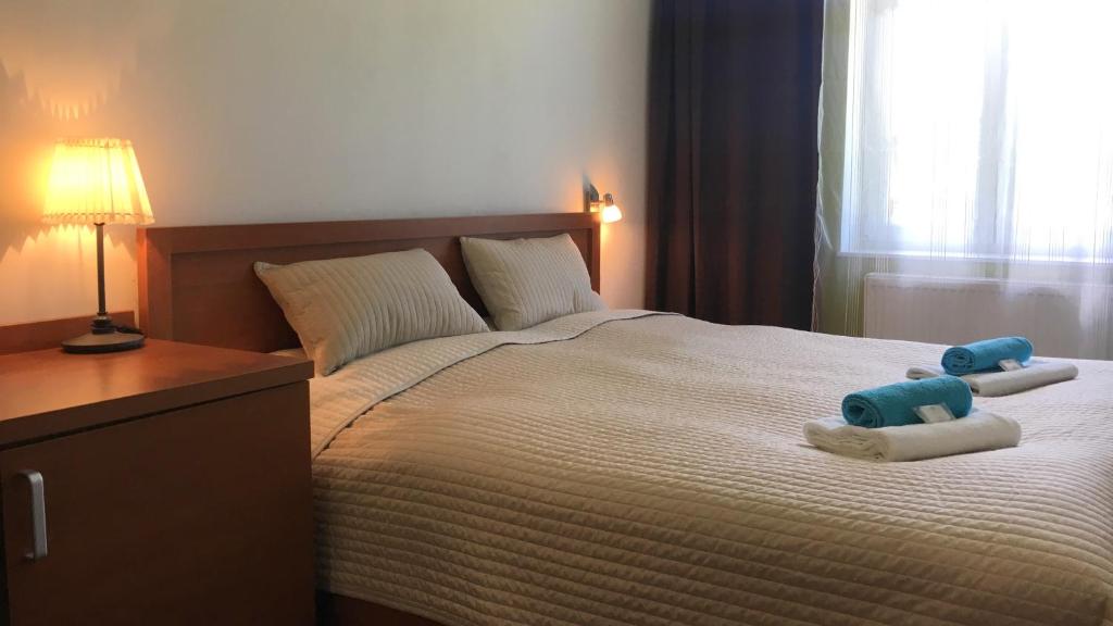 a bedroom with a bed with two stuffed animals on towels at Pension Village in Karlovy Vary