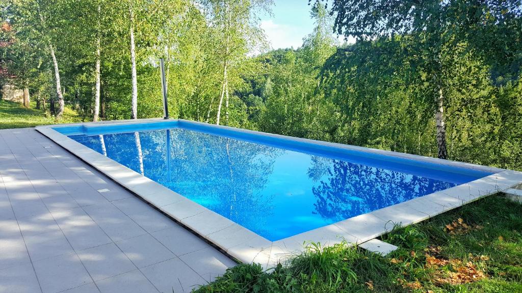 een blauw zwembad in het midden van een tuin bij Ecotourism Mrežnica in Mrežnica