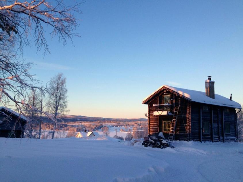 una cabaña de madera en la nieve con nieve en el suelo en Marjas stuga, en Norråker