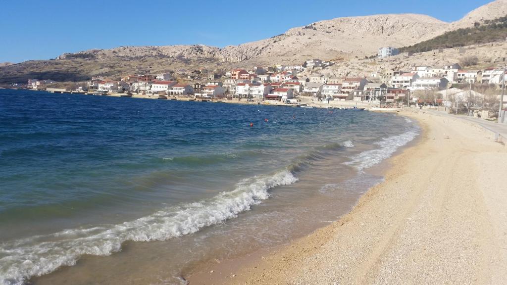 a view of a beach with houses and the ocean at Apartments Denis in Metajna