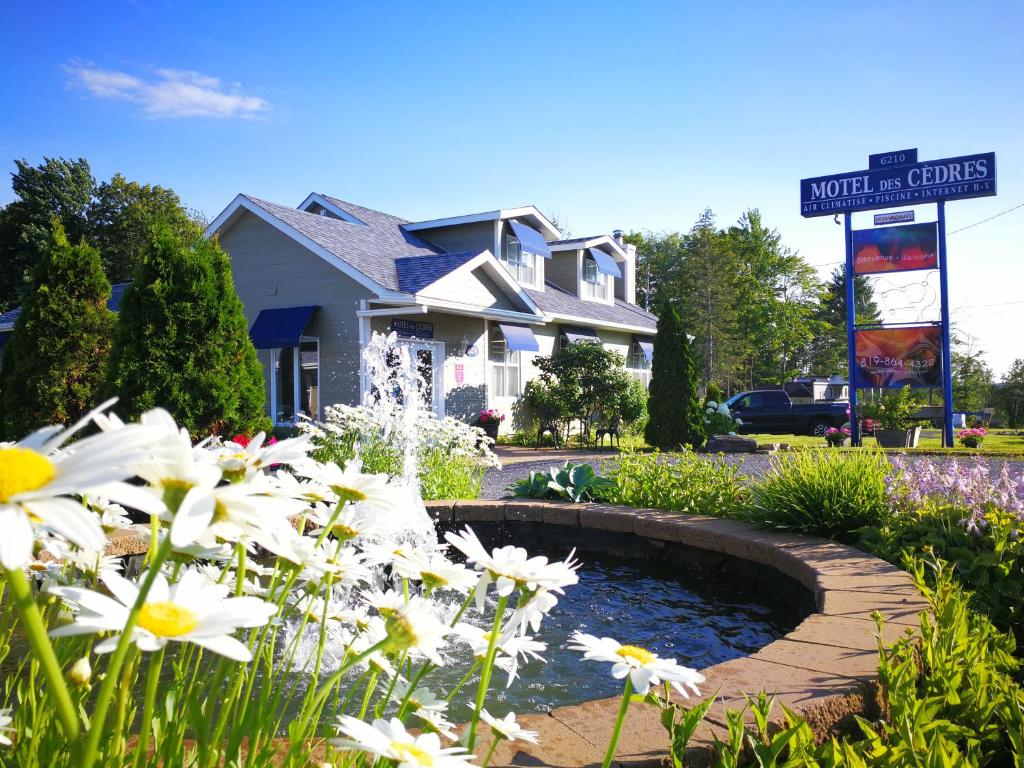 a garden with a pond in front of a house at Motel des Cèdres in Sherbrooke