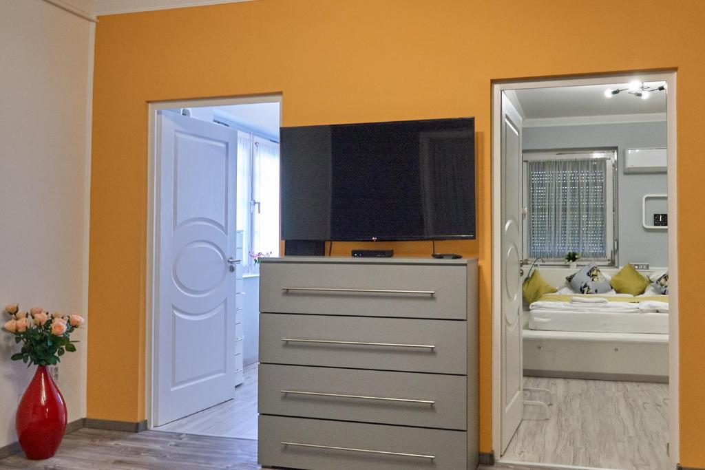 TV a/nebo společenská místnost v ubytování Centrum Luxus Apartman