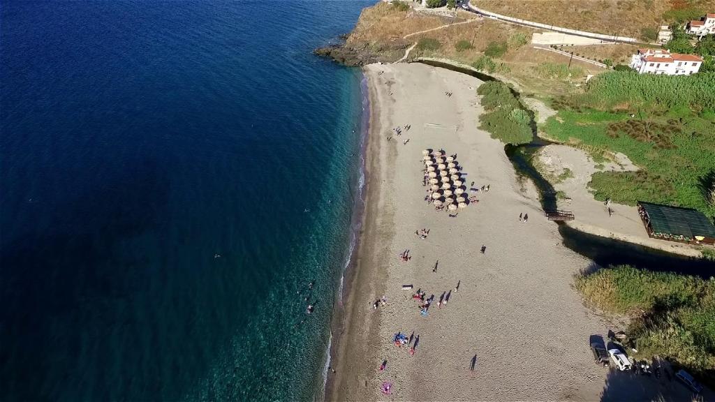 an overhead view of a beach with a group of people at Ikaria Utopia - Cusco Studios in Évdhilos