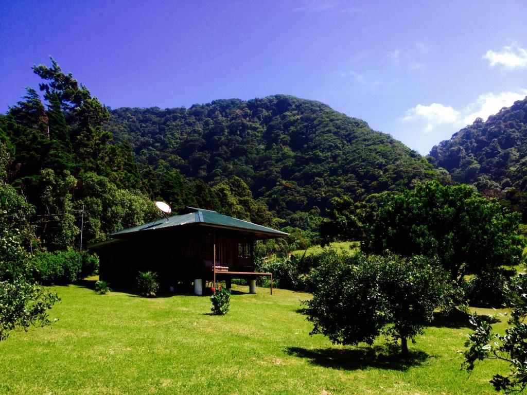 a cabin in the middle of a field with a mountain at Lemon House Monteverde in Monteverde Costa Rica