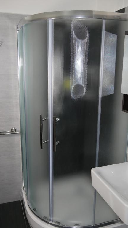 prysznic ze szklanymi drzwiami obok umywalki w obiekcie Všemina Apartman w mieście Lužkovice
