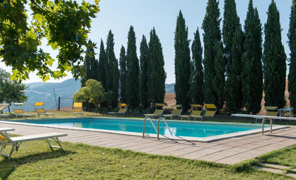 a swimming pool with chairs and trees in the background at Agriturismo San Carlo in Pomarance