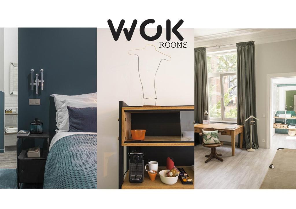 een collage van een slaapkamer met een bed en een woonkamer bij Wok Rooms in Brussel