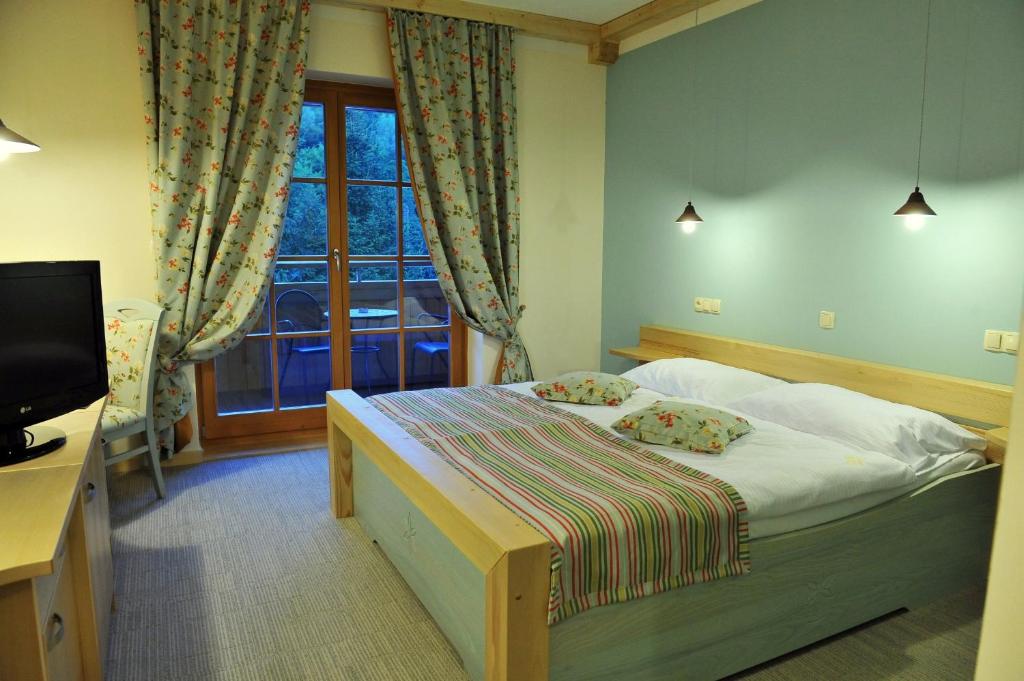 a bedroom with a bed and a tv and a window at Natura Amon in Podčetrtek