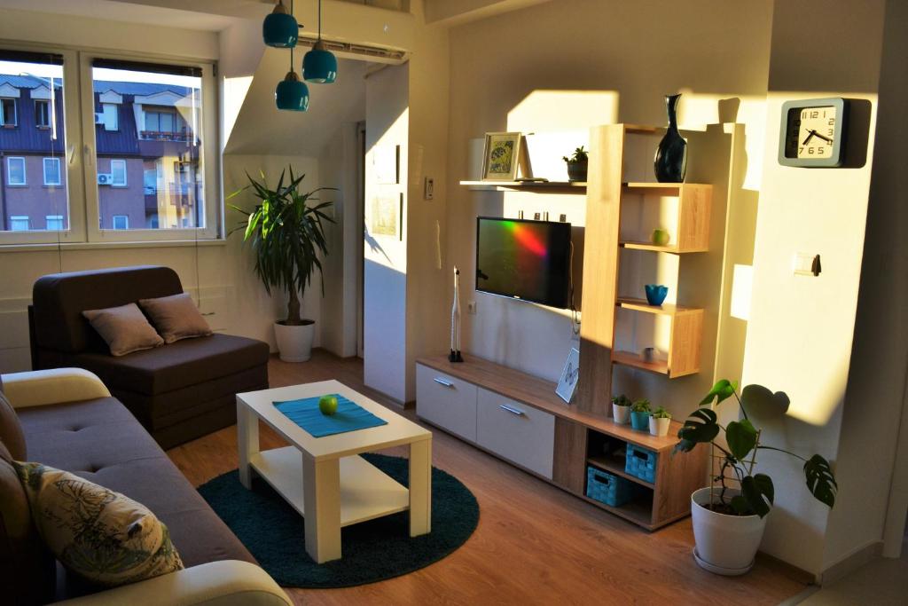 Una sala de estar con un sofá y un televisor. en Felix Apartment City Center, en Skopje