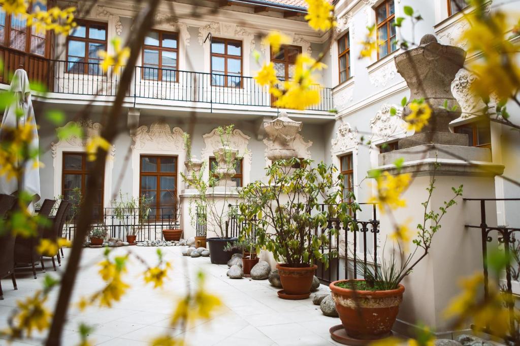 a courtyard with potted plants in front of a building at Hotel U Zlateho jelena in Prague