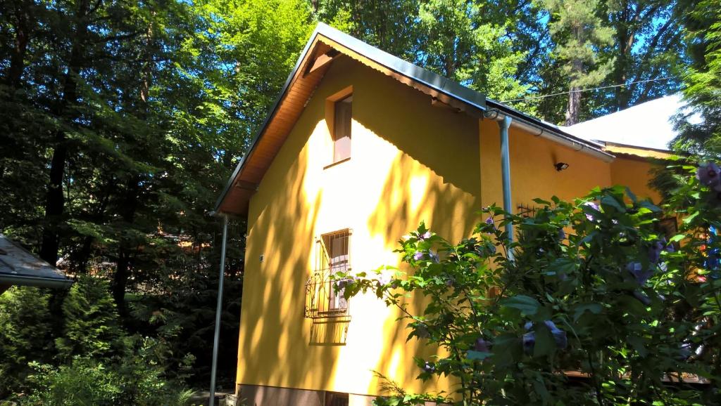 a yellow house with a window and trees at Chata nad kúpaliskom in Kováčová