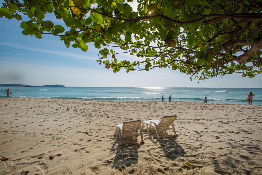 Long Beach Lodge, Chaweng Beach, Koh Samui في شاطئ تشاوينغ: كرسيين للشاطئ يجلسون على الرمال على الشاطئ