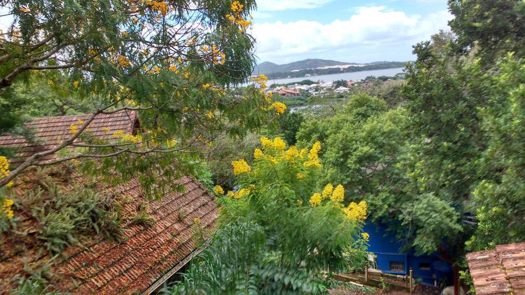 uma vista para as árvores e um edifício azul à distância em residencial Remanso em Florianópolis