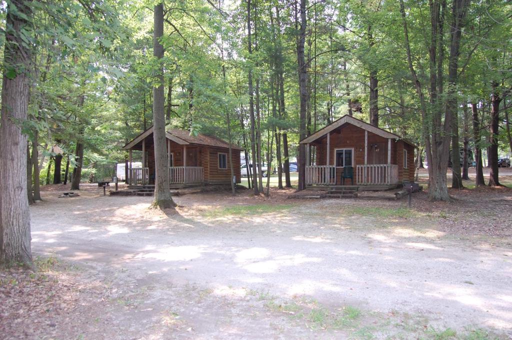 una pequeña cabaña en el bosque con árboles en St. Clair Camping Resort, en Marysville