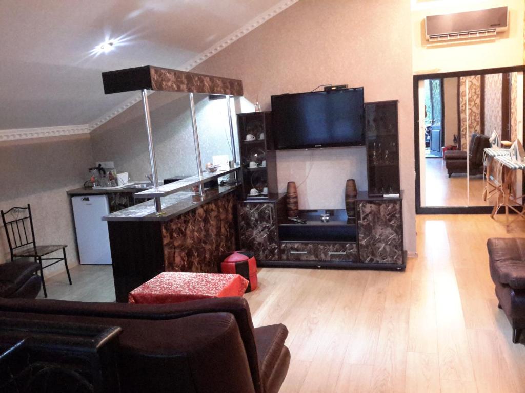een woonkamer met een keuken en een woonkamer met een tv bij Anasera in Tbilisi City