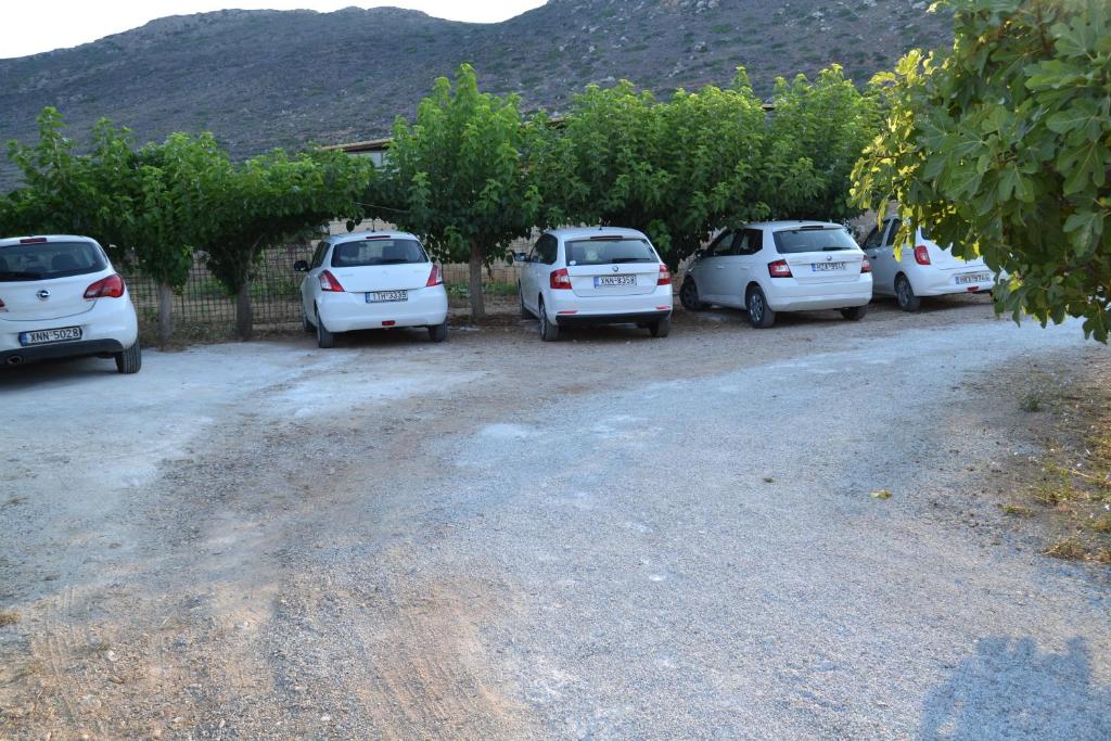 a row of white cars parked in a parking lot at Romantica Apartments in Falasarna