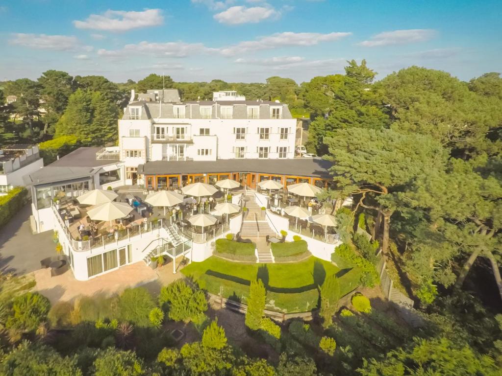 an aerial view of a large white house at Harbour Heights Hotel in Poole