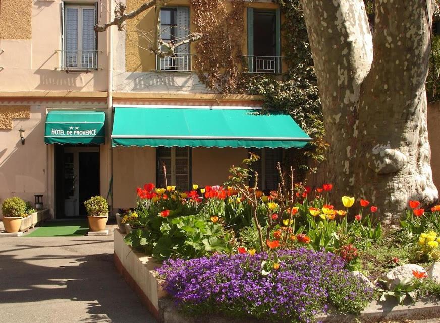 un giardino fiorito di fronte a un edificio con un albero di Hotel De Provence a Digne-Les-Bains