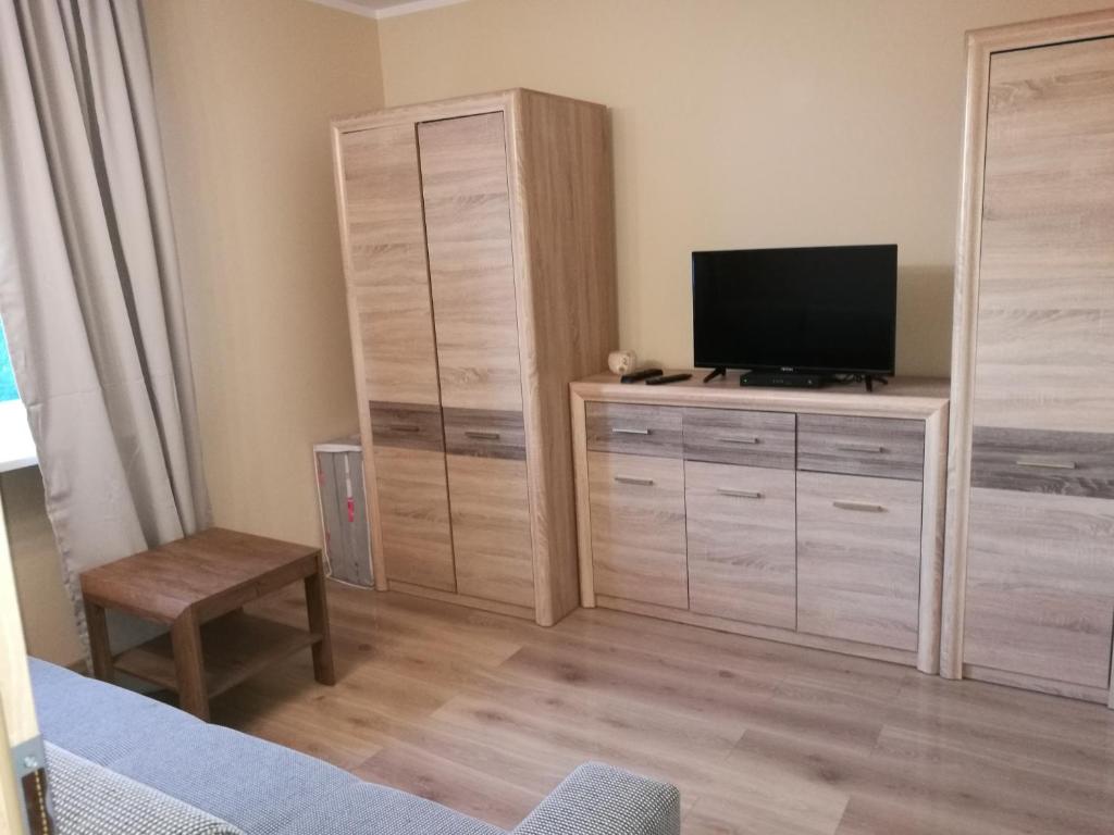 Televízia a/alebo spoločenská miestnosť v ubytovaní Apartament Kinio