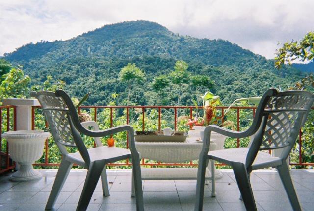 2 Stühle auf einem Balkon mit Bergblick in der Unterkunft Light of Dawn in Quepos