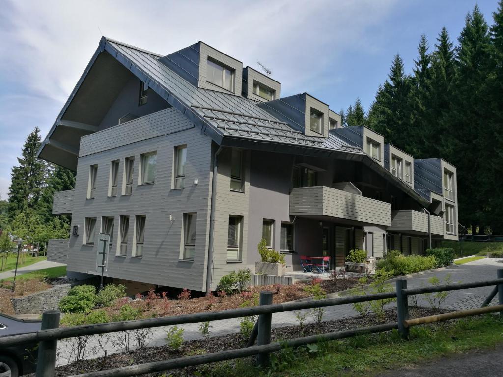 ein Haus mit einem Metalldach darüber in der Unterkunft Apartment Draco in Harrachov