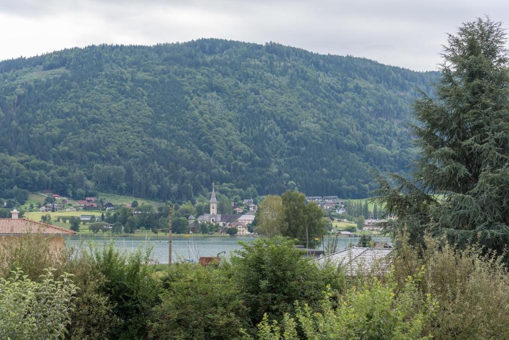 a view of a town with a lake and a mountain at Apartment Sofia in Bodensdorf