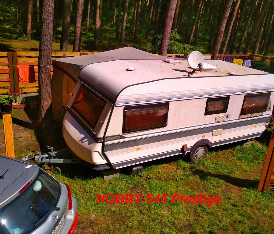 a rv parked in the grass next to trees at PEPASÓWKA in Łukęcin