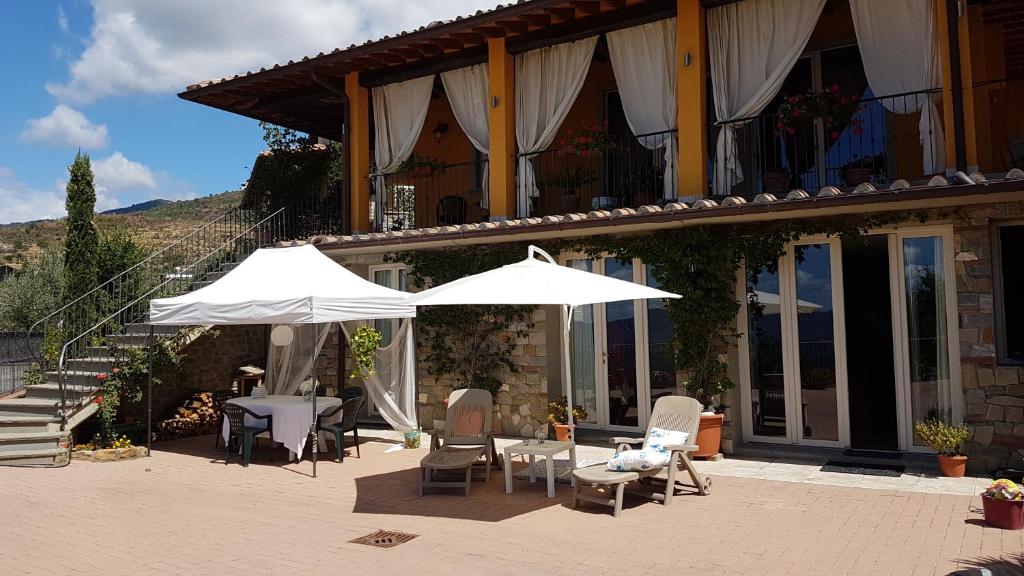 two white umbrellas sitting outside of a building at Villa Lucrezia in Reggello