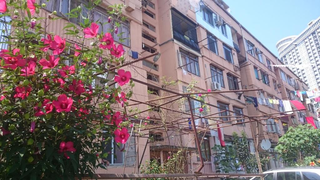 un árbol con flores rosas delante de un edificio en Comfortable apartment in Batumi, en Batumi