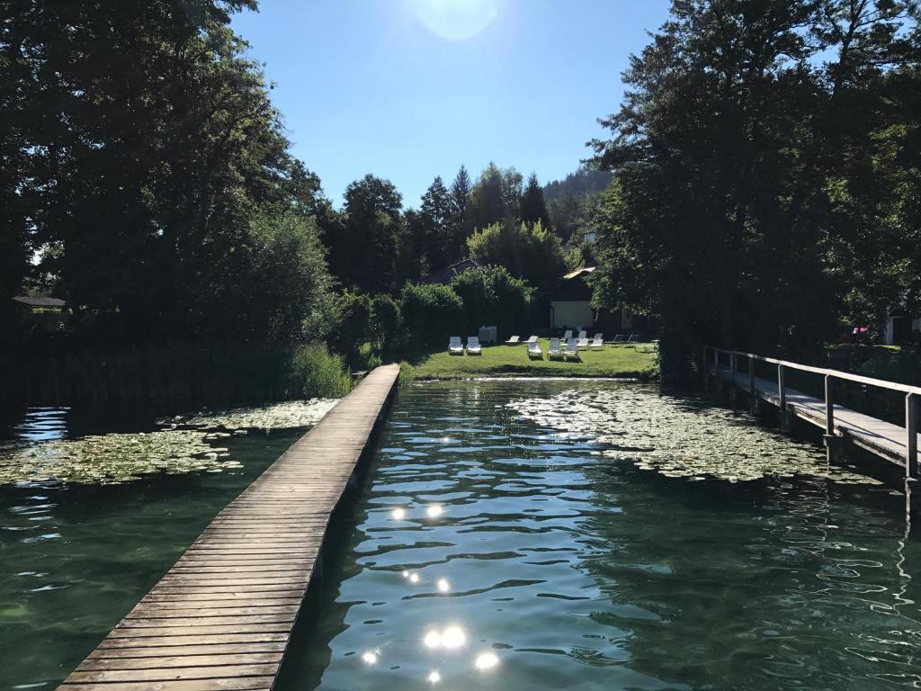 a river with lilies in the water and a wooden path at Apartementhaus Helene am Klopeinersee in Unterburg am Klopeiner See