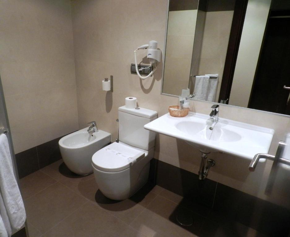 a bathroom with a toilet and a sink and a mirror at Hotel Río Hortega in Valladolid