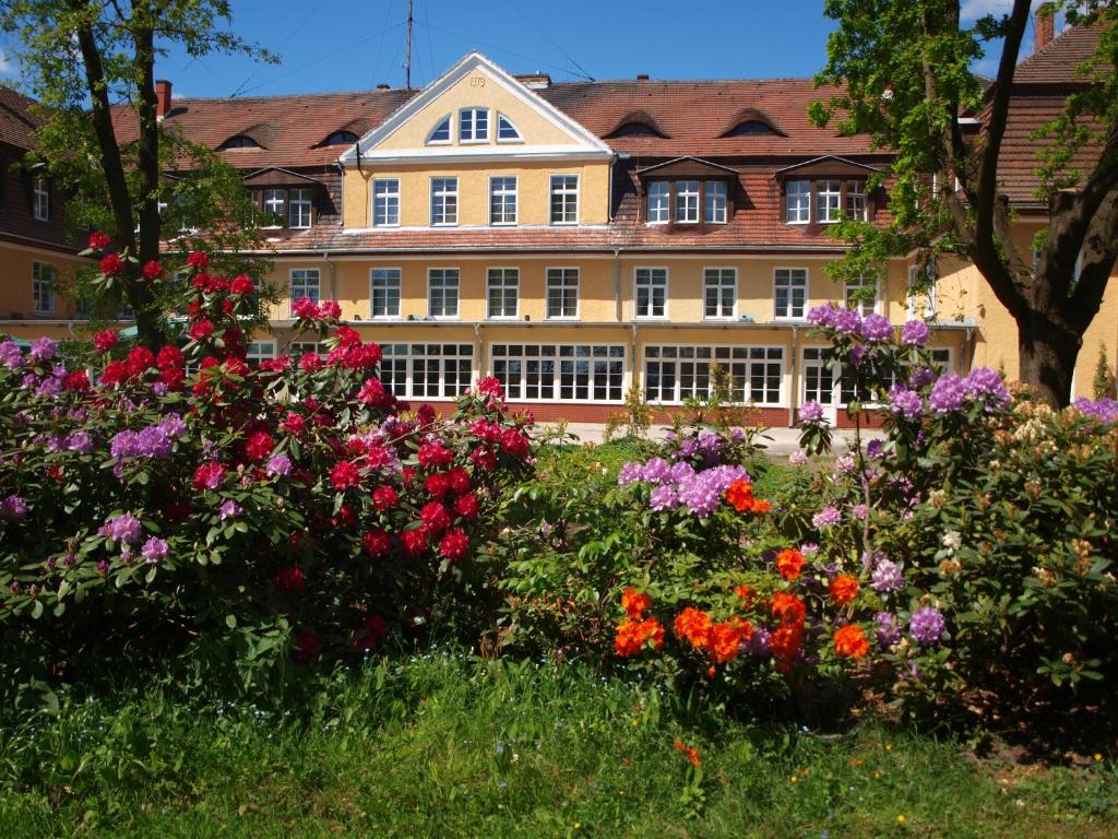 a garden of flowers in front of a building at Hotel i Restauracja Chopin in Żary