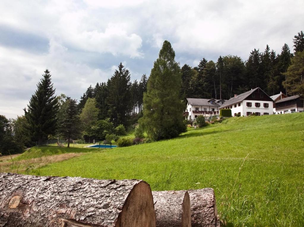 een groen veld met huizen op een heuvel bij Gasthof Waldschenke in Bad Leonfelden